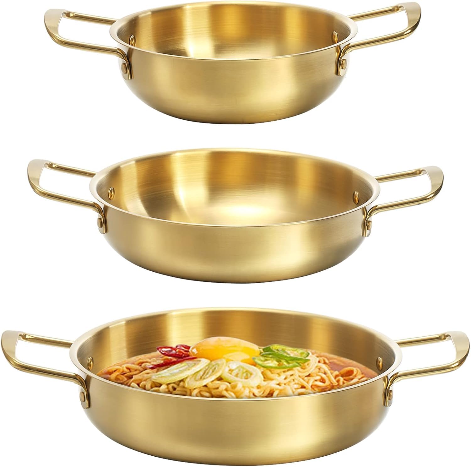 Okllen Set of 3 Korean Ramen Pot, 18/22/24 CM Stainless Steel Noodles Cooking Pot with Handles, Golden Camping Pan Fast Noodle Cooking Pots for Soup, Noodle, Pasta, Home and Outdoor, No Lid