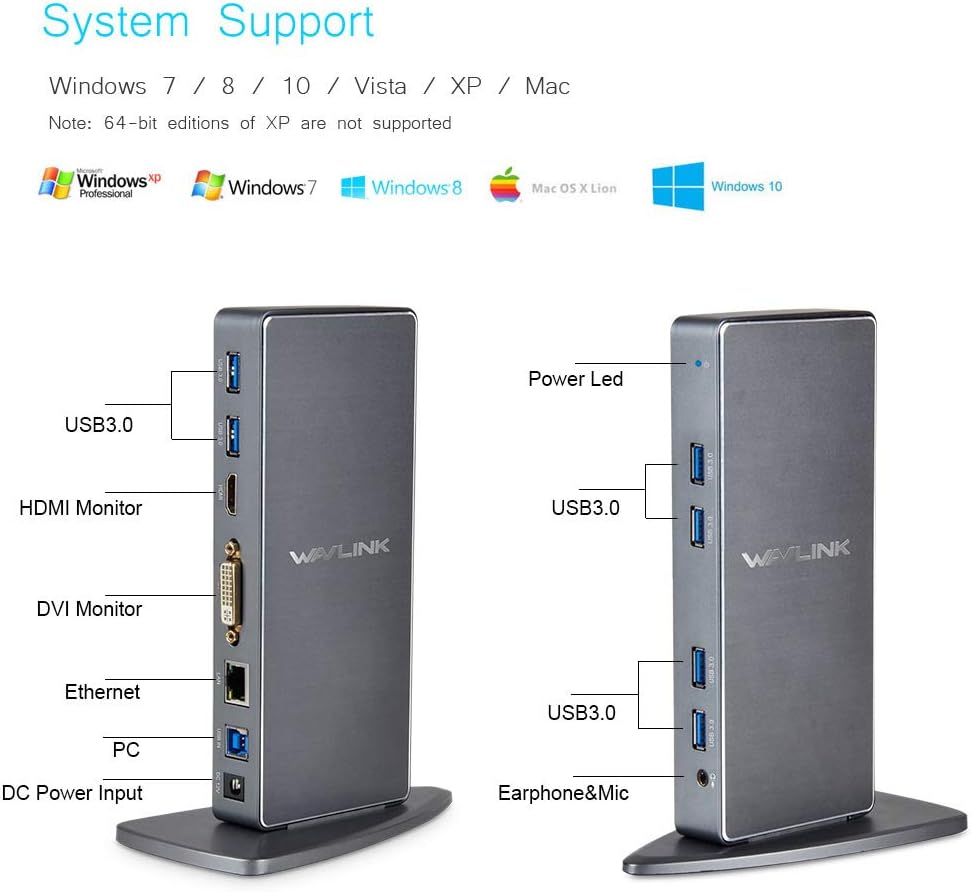 WAVLINK USB 3.0 Universal Docking Station, 12-in-1 Aluminum Adapter with Dual Video HDMI & DVI/VGA, Gigabit Ethernet, 6 USB 3.0, USB-B, Audio, DC Port for Desktop Laptop Tablet PC: Electronics