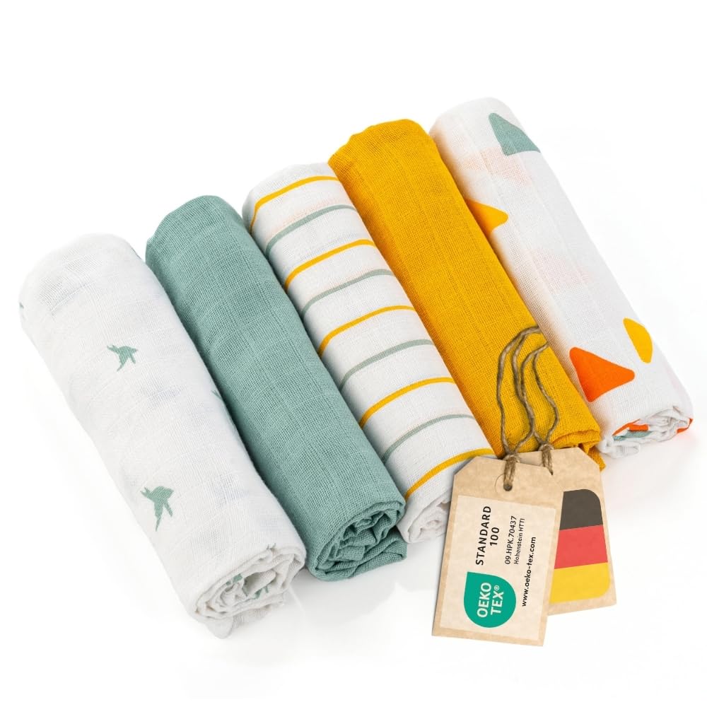 LaLoona Muslin Cloths for Baby 5-Pack 70x70 cm – Soft & Colorful Muslin Squares, 100% Cotton, OekoTex Certified, Ideal as Reusable Diapers, Spit-Up Cloths & Swaddles - Multi-Colour