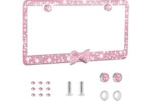 Heqxwl License Plate Frame for Women – Sparkly Crystal Bow Design, Stainless Steel Car Tag Holder with Rhinestones, Includes Screws & Caps（Pink Frame + Pink Bow）