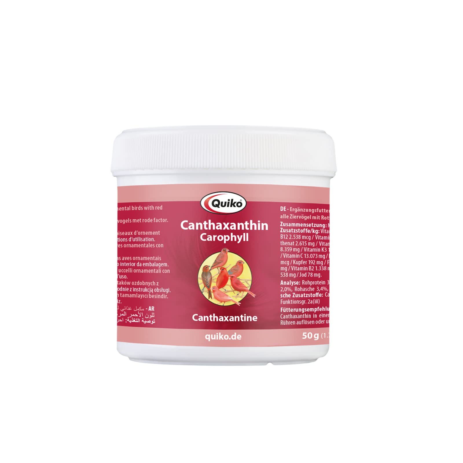 Quiko Canthaxantin/Carophyll 50g - Supplementary food for all birds with red factor - For concentrated red colouring and colour intensification - For canaries, fire siskins, woodland birds etc.