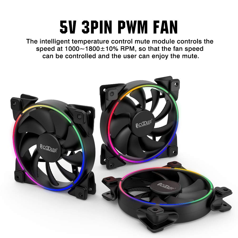 Pccooler 120mm Fan Moonlight Series, PC-3M120 RGB LED Computer Case Fan - PWM PC Cooling Fan - Dual Light Loop Quiet Fan/Multiple Light Modes with Controller for PC Cases, CPU Coolers (Multicolor)