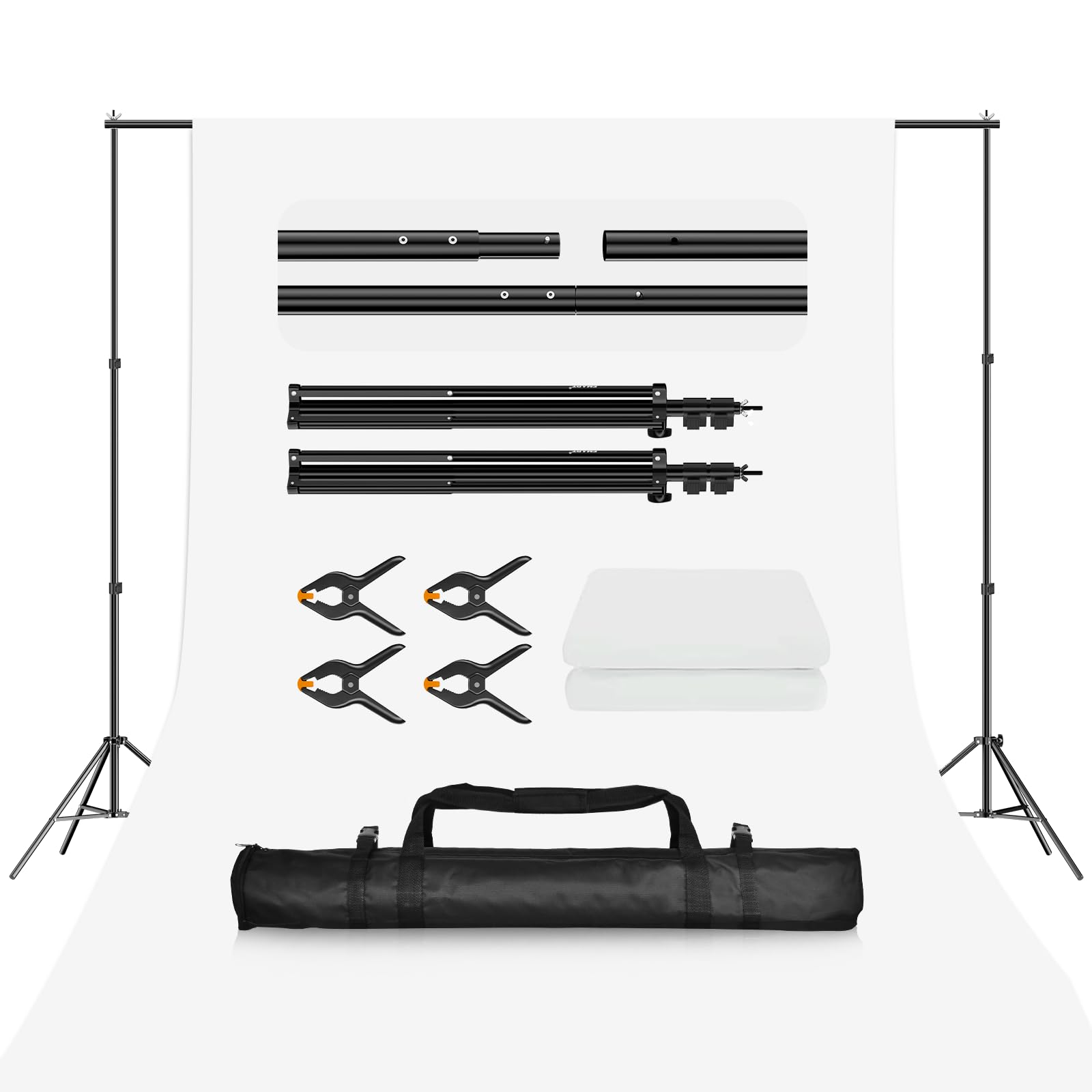 EMART Backdrop Stand Kit 2X2m/ 6.5X6.5ft Photography Back Drop Support with 1.5x3m/4.9x9.8ft White Background Screen, Carrying Bag and 4 Spring Clamps for Photo Decoration Party Studio Video