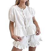 Sotimoon Womens Ruffle Short Sets 2 Piece Outfits Fashion Summer Short Sleeve Tie Front Top and Shorts Cotton Pajama Set