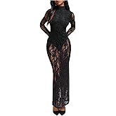 SHENHE Women's Lace Maxi Bodycon Dress Open Back Slit Long Sleeve Sheer Party Dress