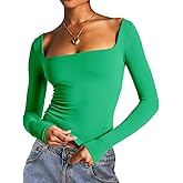Dwnval Long Sleeve Shirts for Women - Basic Slim Fit Double Lined Square Neck Crop T Shirt