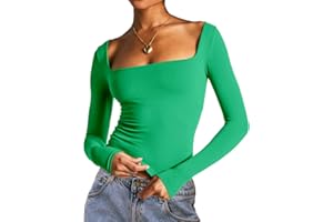 Dwnval Women's Sexy Long Sleeve Crop Top Square Neck Double Lined Basic Slim Fit T Shirt