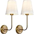 TERLEENART Fabric Wall Scone with Flared Shape White Textile Shade Curved Arm and Antique Brass Finish Metal Base,Set of 2 pcs Perfect for Bedroom Living Room Bathroom Vanity Area