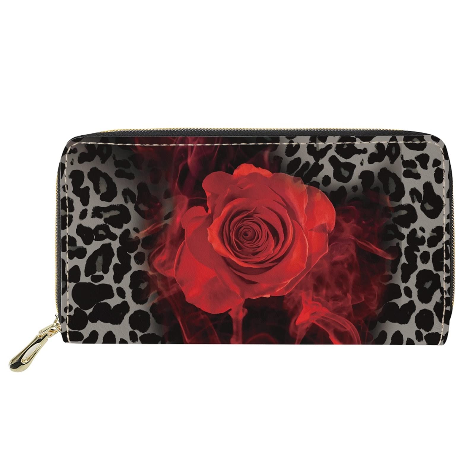Dolyues Red Rose and Black Leopard Pattern Women Long Pu Leather Wallets with Zipper Coin and Phone Pockets,Credit Card Holder