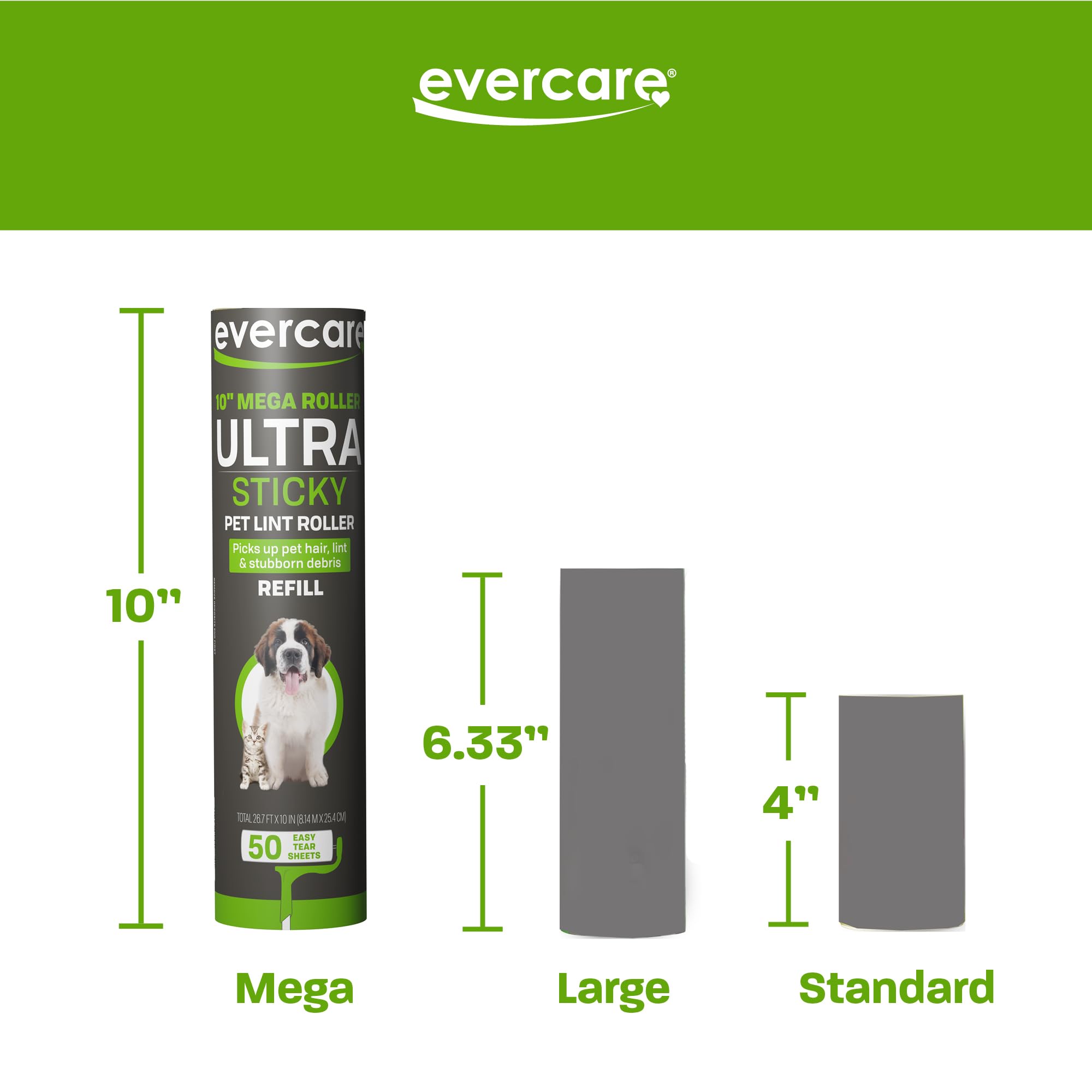 Evercare All-Purpose Pet Mega Oversized Lint Roller Refills, Green, 3-Pack (150 Sheets)