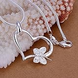 Lovely gift Women 925 Sterling Silver Plated Chain Butterfly Heart Necklace with Pendant WW 1pc