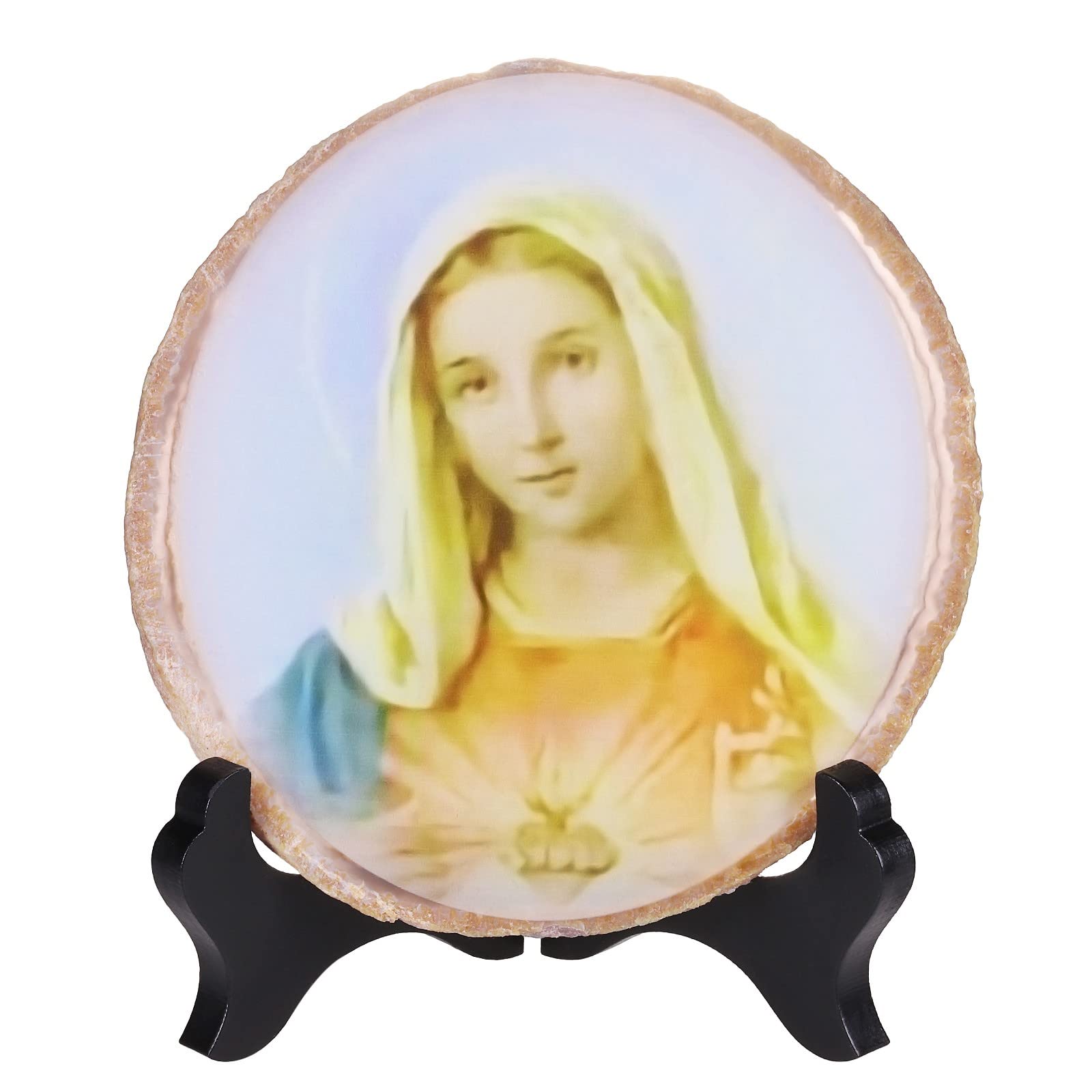 KYEYGWO Natural Irregular Agate Slice Painting Decor with Wooden Stand Agate Geode Slab for Desk Hallway, Portrait of Virgin Mary