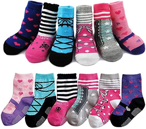 6 Pairs Baby Anti Slip Shoe Socks Toddler Non Skid Soft Cotton Stretch Crew Footsocks Walker Sock With Grips For 12-24 Months (Multicolor B)
