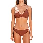 CUPSHE Women's Bikini Sets Two Piece Swimsuit with Bead V Neck Wrapped Front Bathing Suit Mid Rise Back Hook