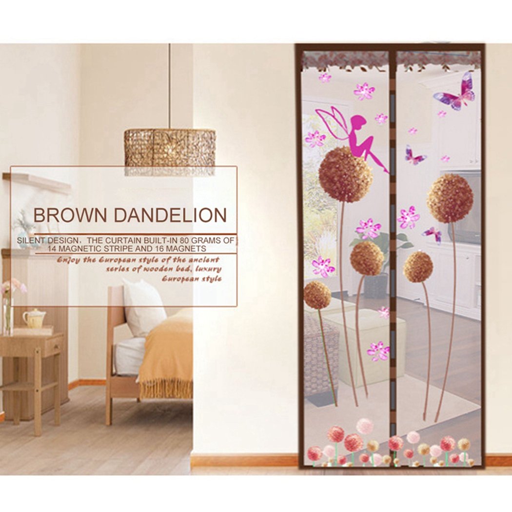 Magnetic Screen Door Curtain ，Hang Rui Mesh Curtain with Anti-mosquito and Breathable Dandelion Pattern,Fits Door Up to 90X210cm (100X210cm, brown)