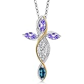 Cross Necklace For Women In 925 Silver and 10K Yellow Gold Lab Grown Diamond and Tanzanite and London Blue Topaz | 1.39 Cttw | Jesus Christian Religious Crucifix | Marquise Cut 8X4MM | 18 Inch Chain