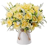 LESING Artificial Flowers with Vase for Table Centerpieces,Fake Silk Gardenia Flower in Vase Decoration for Home Office Party (Champagne)