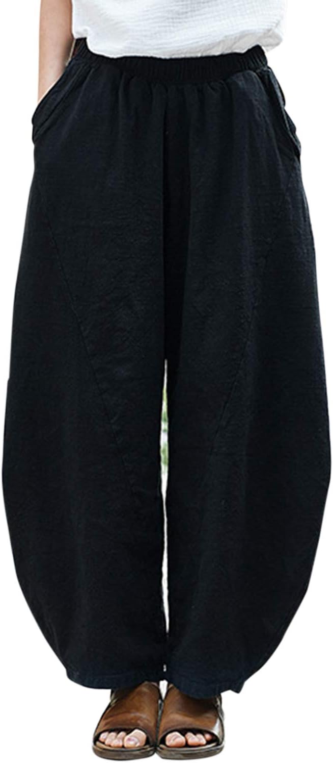 IXIMOWomen's Cotton Linen Pants Casual Baggy Elastic Waist Relax Fit Trousers Slacks