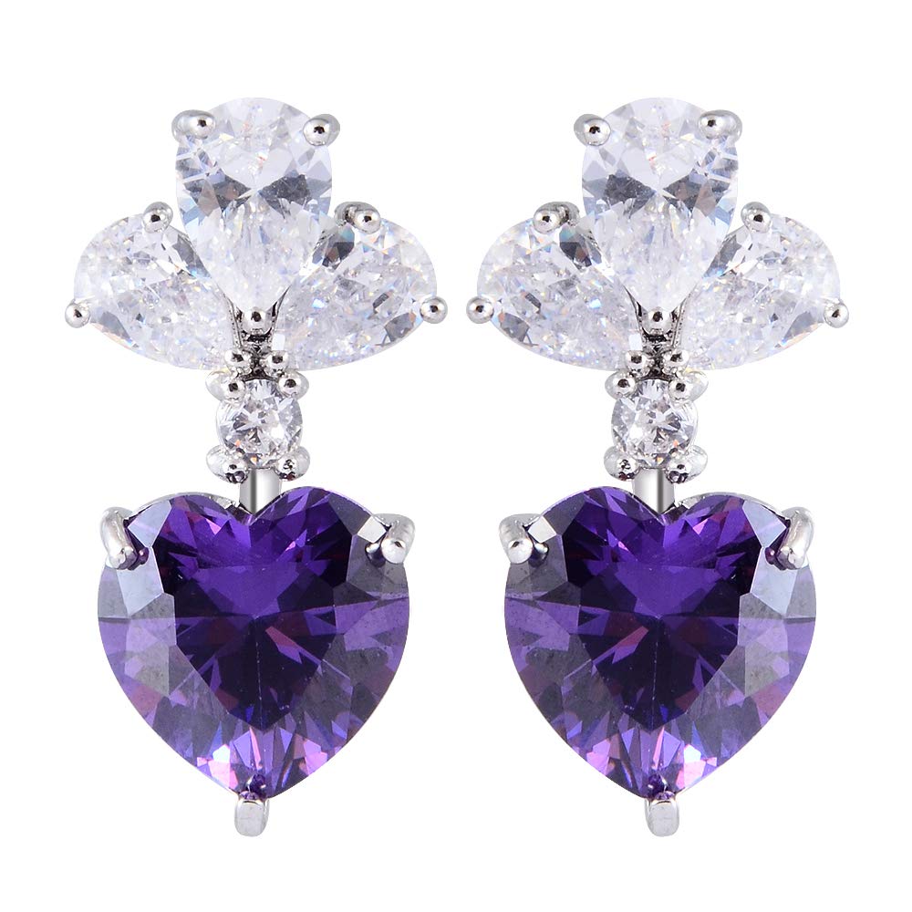 RIZILIA Dangle Drop Pierced Earrings with Heart Cut Gemstones CZ [Purple Amethyst] in 18K White Gold Plated, Simple Modern Elegant