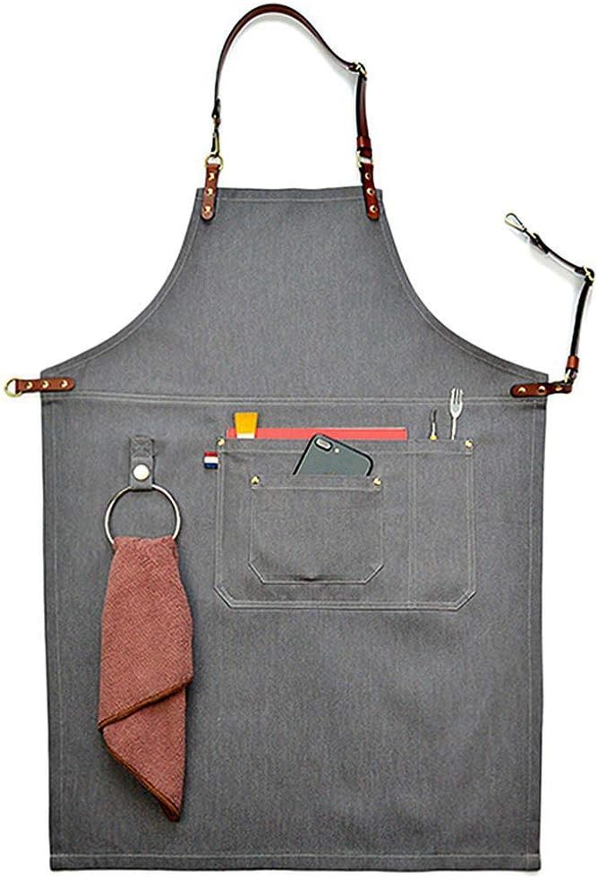 Unisex Durable Denim Apron Canvas Bib for Chef Kitchen with Convenient Pockets (L)
