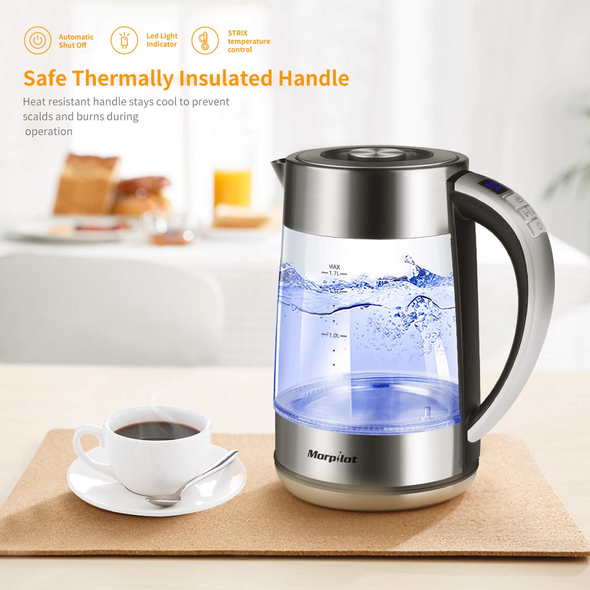 Bouilloire Electriques en VERRE 1.7L, Morpilot Bouilloire Thermostat Reglable avec Eclairage LED Éclairage Bleu, Strix Contrôle , Bouilloire avec Arrêt Automatique, sans BPA 【GARENTIE DE 2 ANS】