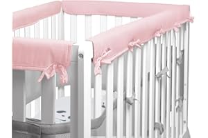 IQYIQY 4-Pcs Pink/White Crib Rail Guard Cover for Teething, Protect Baby Teeth and Rails, Rail Edge Protector Strip, Soft Anti-Collision Cover in Cotton Fabrics, Cover 52" x 28" 4-Sides Full-Size Crib