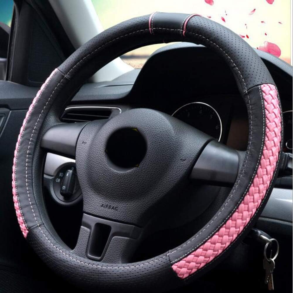 i-Will Cute Genuine Leather Steering Wheel Cover Sport Style 15 Inch Four Seasons Universal Padded Soft Grip (Pink)