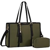 LOVEVOOK Laptop Bag for Women - 15.6 inch Lightweight Canvas Laptop Tote, Large Capacity Computer Bag with Clutch Purse for Business, Work, Travel, School (Black & Green, 15.6 Inch)
