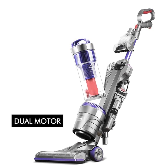 OKVAC Bagless Upright Vacuum Cleaner Dual Motor HEPA Filtration, Carpet, Tiles and Wood Floors Corded Upright-Titanium Gray/Purple