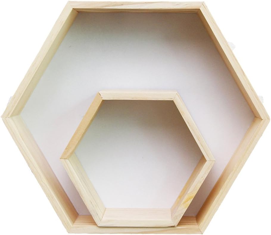 Sweet FanMuLin Wooden Hexagon Racks Mounted Floating Shelves Combination Lattice Wall Storage Racks Children's Room DIY Decoration (2PCS,White)