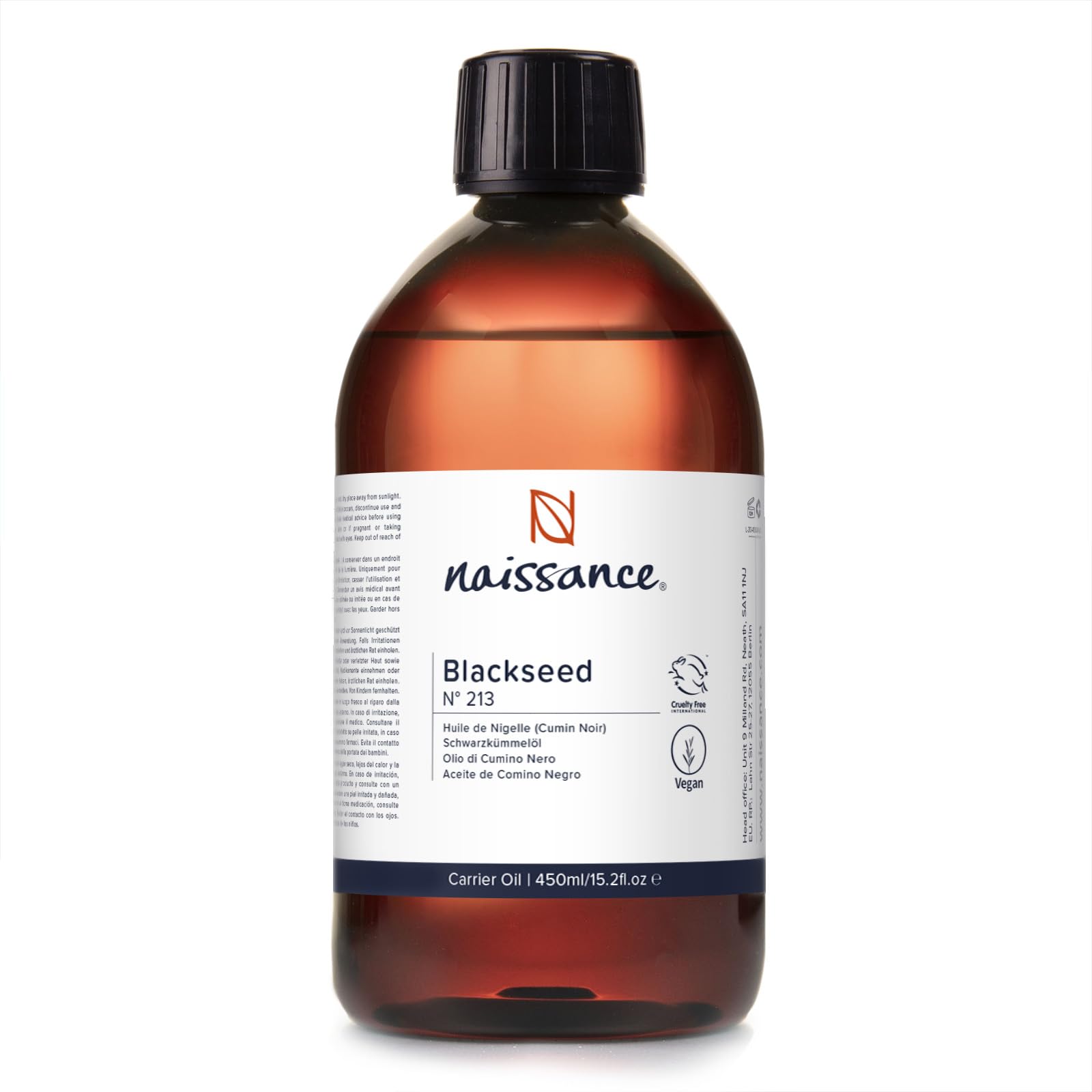 Naissance Cold Pressed Black Seed Oil (No. 213) - 450ml - (Cumin Seed, Nigella Sativa) - for Skin, Face, Nails, Body, Hair, Growth, Shampoo, Massage