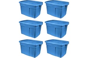 Rubbermaid Roughneck Tote 18 Gal, 6 Pack, Made in USA, Heritage Blue, Rugged Plastic Stackable Storage Bins with Lids and Handles