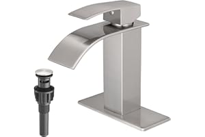 VOTON Waterfall Bathroom Faucets Brushed Nickel Modern Single Handle Sink Faucet for 1 or 3 Holes with Deck Plate and Pop-Up Drain, Rv Sink Camper Farmhouse Faucet