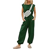 Kissonic Jumpsuits for Women Casual Crewneck Cap Sleeve Drawstring Romper One Piece Outfits with Pockets