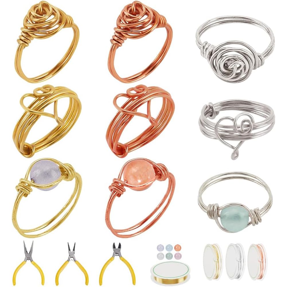 WEBBEDY Wire Wrapped Ring Making Kit, Jewelry Making Supplies Kit with 3-Color Jewelry Wire, Crystal Gemstone Beads, Mini Pliers Tools for Making 12 Sets Rings Wedding Valentine's Day Gift, 3 Styles