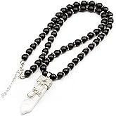 ElisaJewelryArt - Natural Pointed Howlite Pendant Natural Black Onyx Beaded Necklace Genuine Gemstone Memory Stone Clasp Closure Hematite Necklace Unisex Necklace