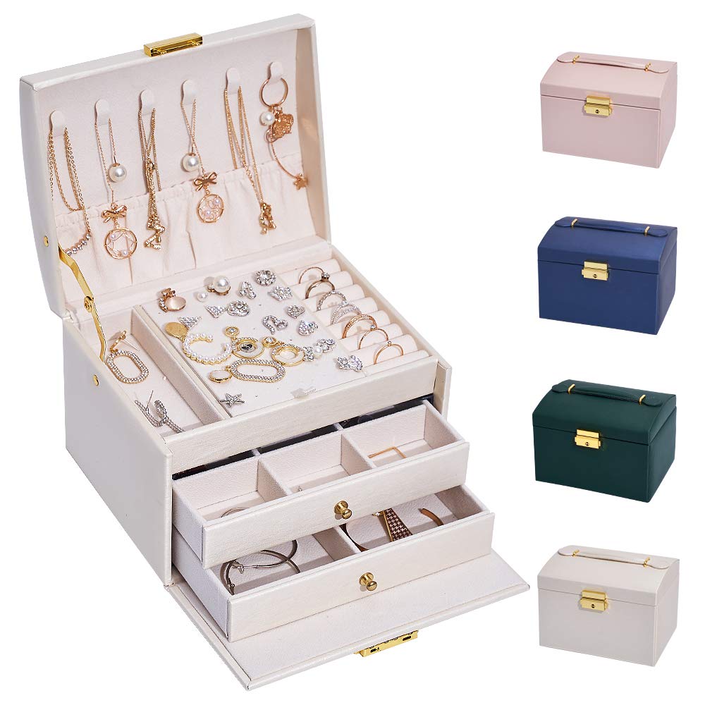 hombrima 3 Layers Travel Jewelry Box, Jewelry Storage Organizer Cases with 2 Drawers and Lock for Women’s Necklace Earrings Rings Bracelet(White)