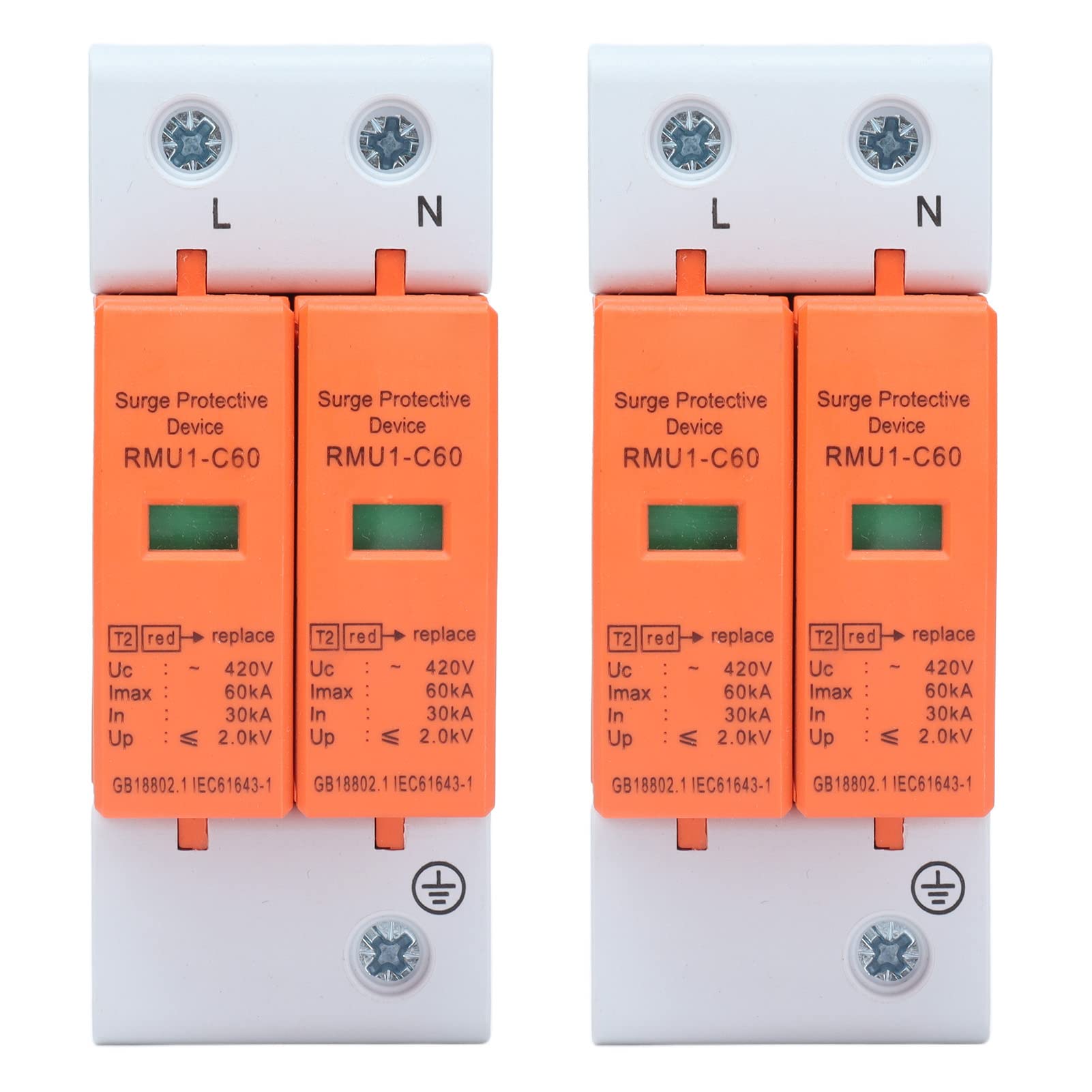 Surge Protection Device,2Pcs 2P 420V SPD House Surge Protection, Home AC Arrester Protector Voltage Protection Device RMU1‑C20/40/60,Voltage Surge Arrester Device,Rail Mounting(Imax:60kA)