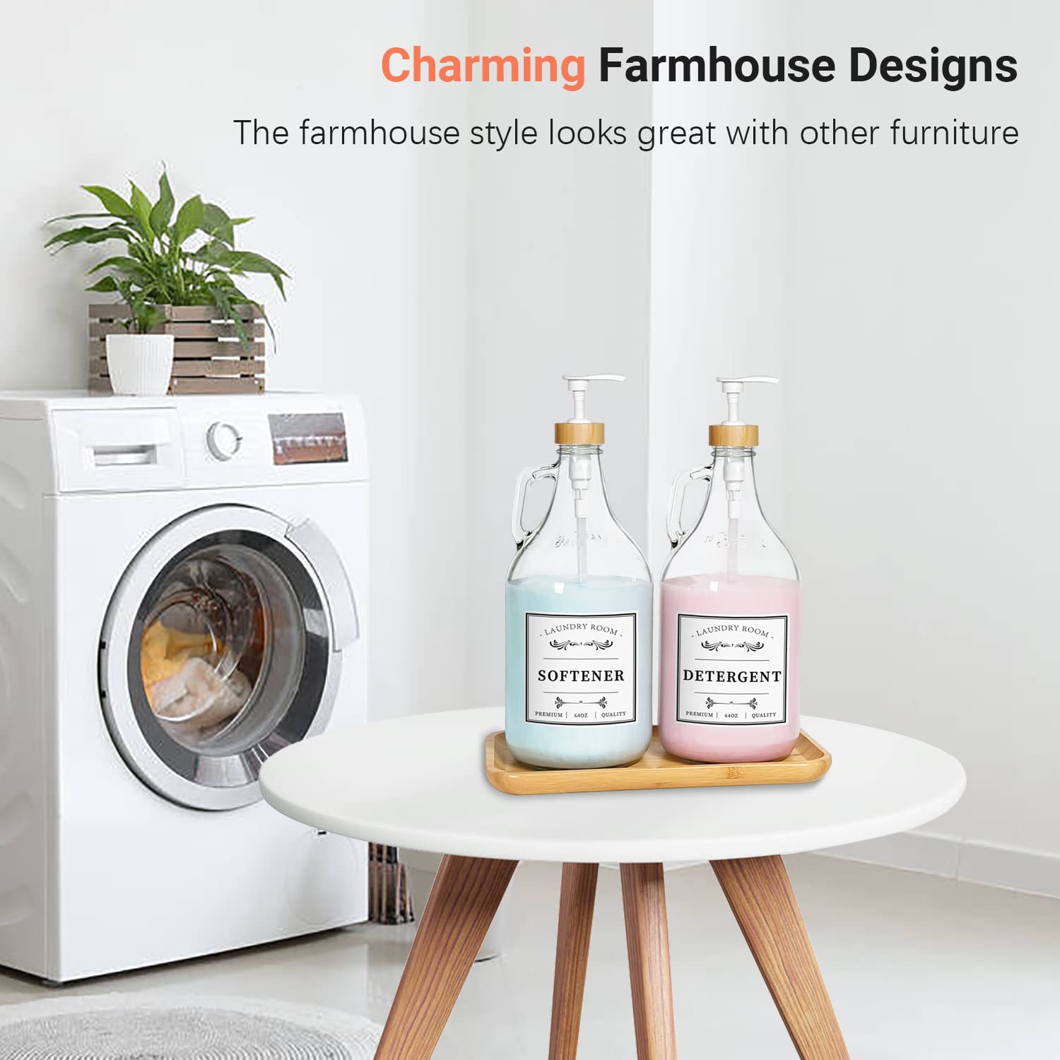 Glass Laundry Detergent Dispenser, Liquid Laundry Soap Dispenser for Laundry Room, 64oz Detergent Bleach Softener Dispenser for Farmhouse Decor, Includes Bamboo Pumps and Tray, Funnel, Labels