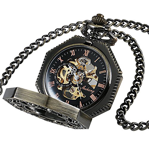 Carrie Hughes Steampunk Bronze Octagon Gold Skeleton Mechanical Pocket Watch with Chain Xmas Gift CHPW02