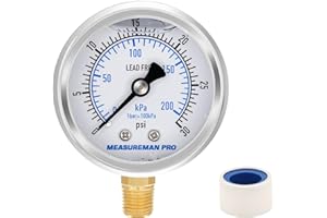 MEASUREMAN PRO 2" Dial Size, Glycerin Filled Pressure Gauge, 0-30psi/kpa, 304 Stainless Steel Case, 1/4" NPT Lower Mount, Lead-Free