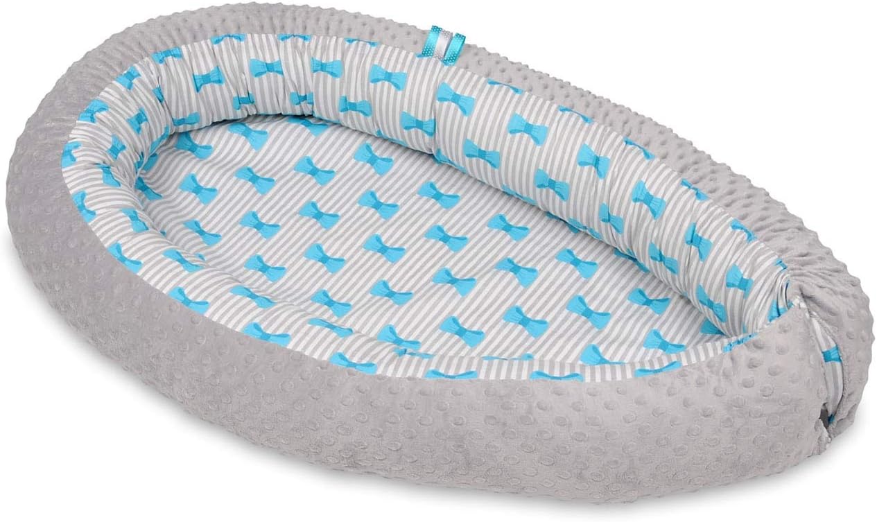 Velinda Baby nest, cushion, soft, 0-8 months, snuggly, Baby sleeping, newborn (pattern: bows - grey)