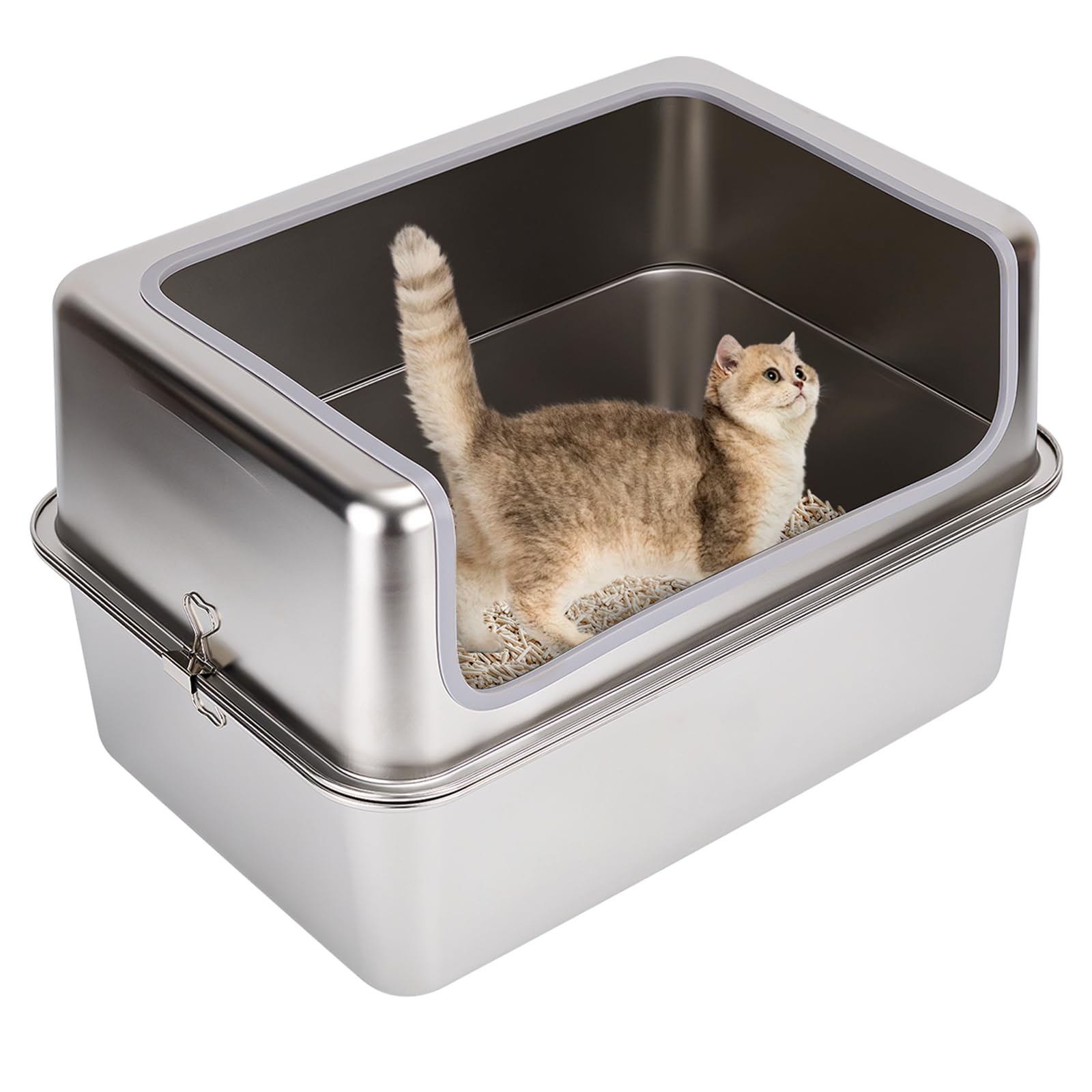 Photo 1 of *tape damages*Amibud Stainless Steel Cat Litter Boxes with Metal Lid,20x14x12'' Extra Large Kitty Litter Pan with High Wall Enclosure-Odor Free&Easy to Clean