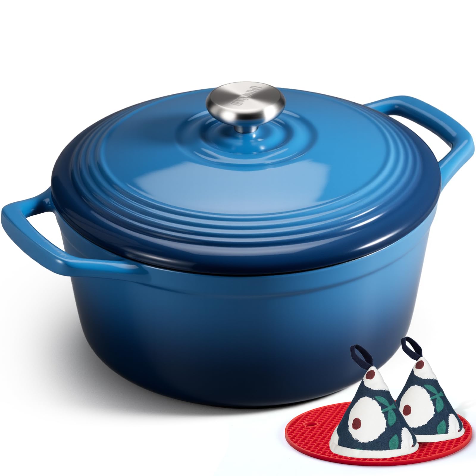 Overmont Enameled Cast Iron Dutch Oven - 5.5QT Pot with Lid Cookbook & Cotton Potholders - Heavy-Duty Cookware for Braising, Stews, Roasting, Bread Baking Blue Image