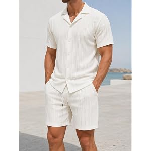 Men's 2 Piece Outfits Button Down Shirts and Shorts Set Summer Casual Tracksuit with Pockets