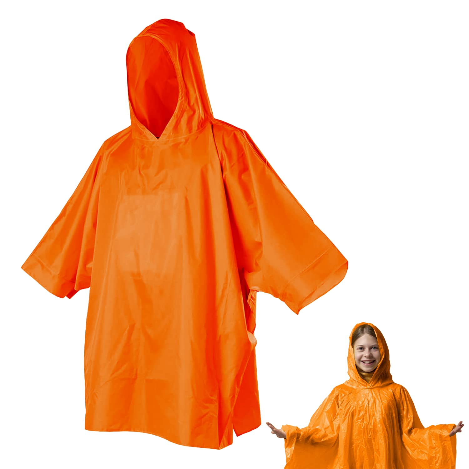 Powersell Reusable Rain Poncho, ULTRALIGHT 70g, Anti Rain Cape with Hood Waterproof Windproof Multipurpose Men and Women Unisex Hiking Travel Camping Fishing Trekking, ORANGE CHILD