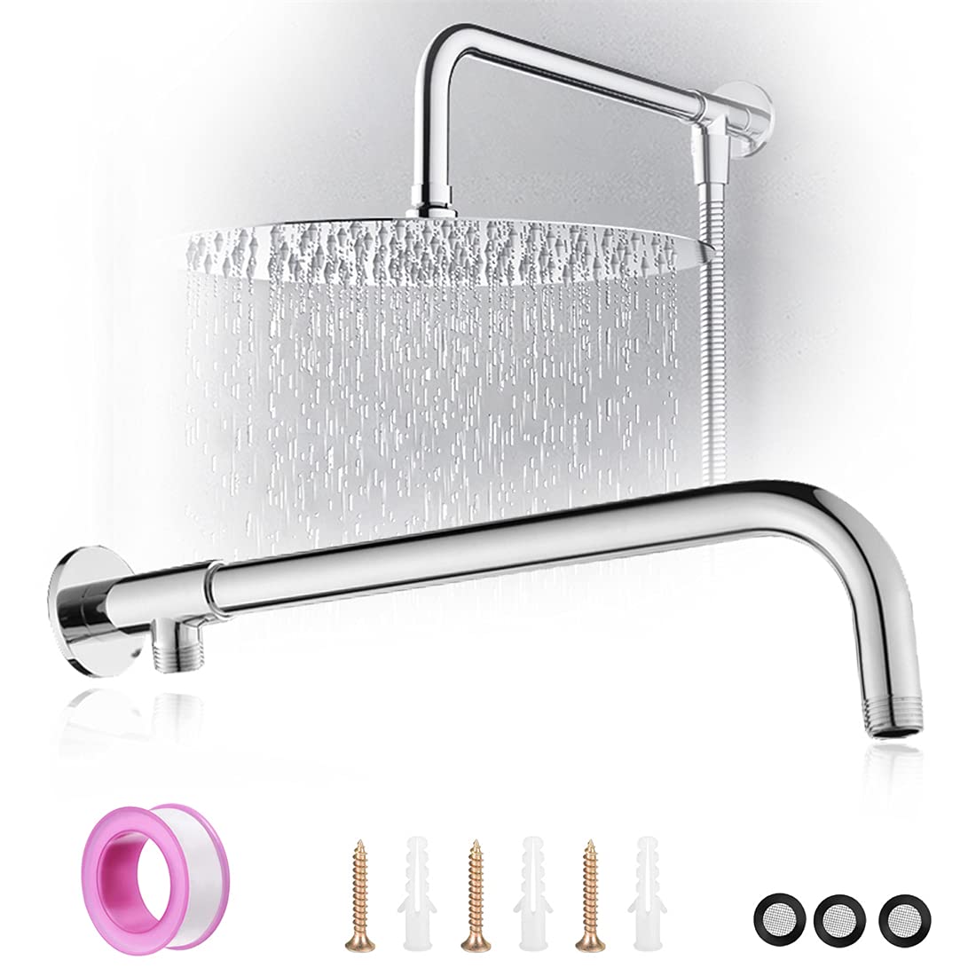 OPDUO 40 cm Wall Mounted Stainless Steel Shower Head Arm with Copper Holder Silver Polished Chrome Shower Arm for Rainfall Shower Head Come, Bathroom Extension Tube with Teflon Thread Tape and Screws