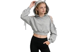 BOVOSHA Girls Hoodies Kids Crop Top Cat Ear Hooded Sweatshirt Lace Long Sleeve Shirt for Halloween Causal Clothes