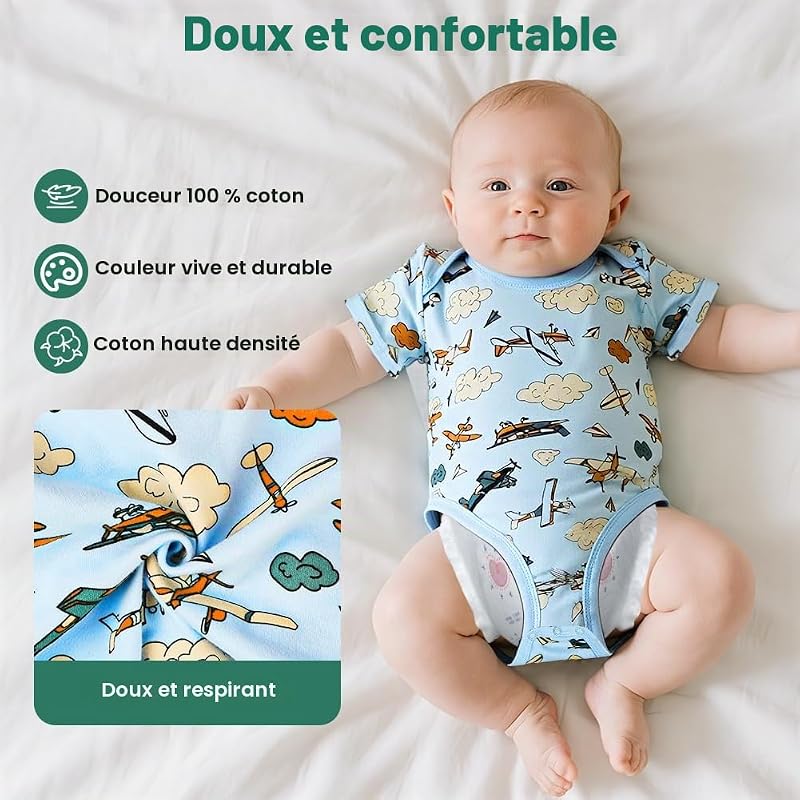 Bébé Body Mixte, Lot de 5 Body à Manches Courtes Bébé en Coton, Cadeau Naissance, Respirants et Pratiques, D'été Combinaison 3-6 Mois, Motif cartoon