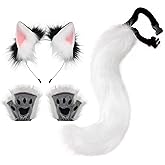 HAOAN Faux Fur Wolf Ears Headband Fox Tail and Paw Gloves Set Cosplay Halloween Costume Accessories